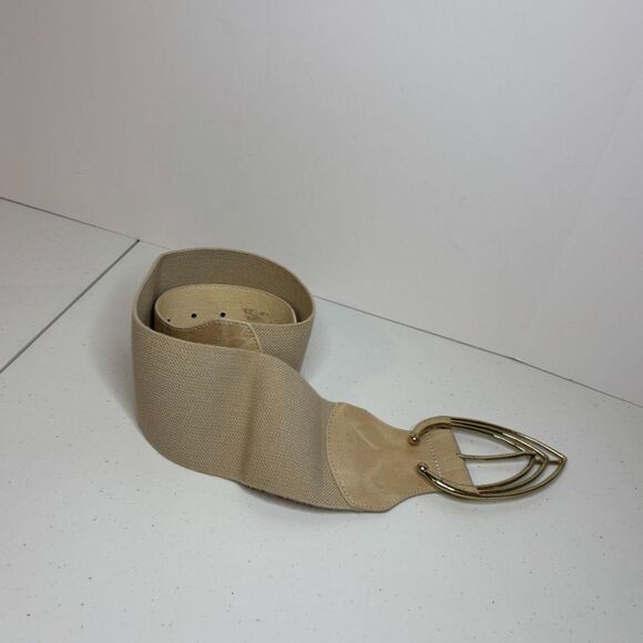 Stretch Fit Beige Leather Gold Leaf Buckle Wide Belt Womens Designer - Picture 3 of 4